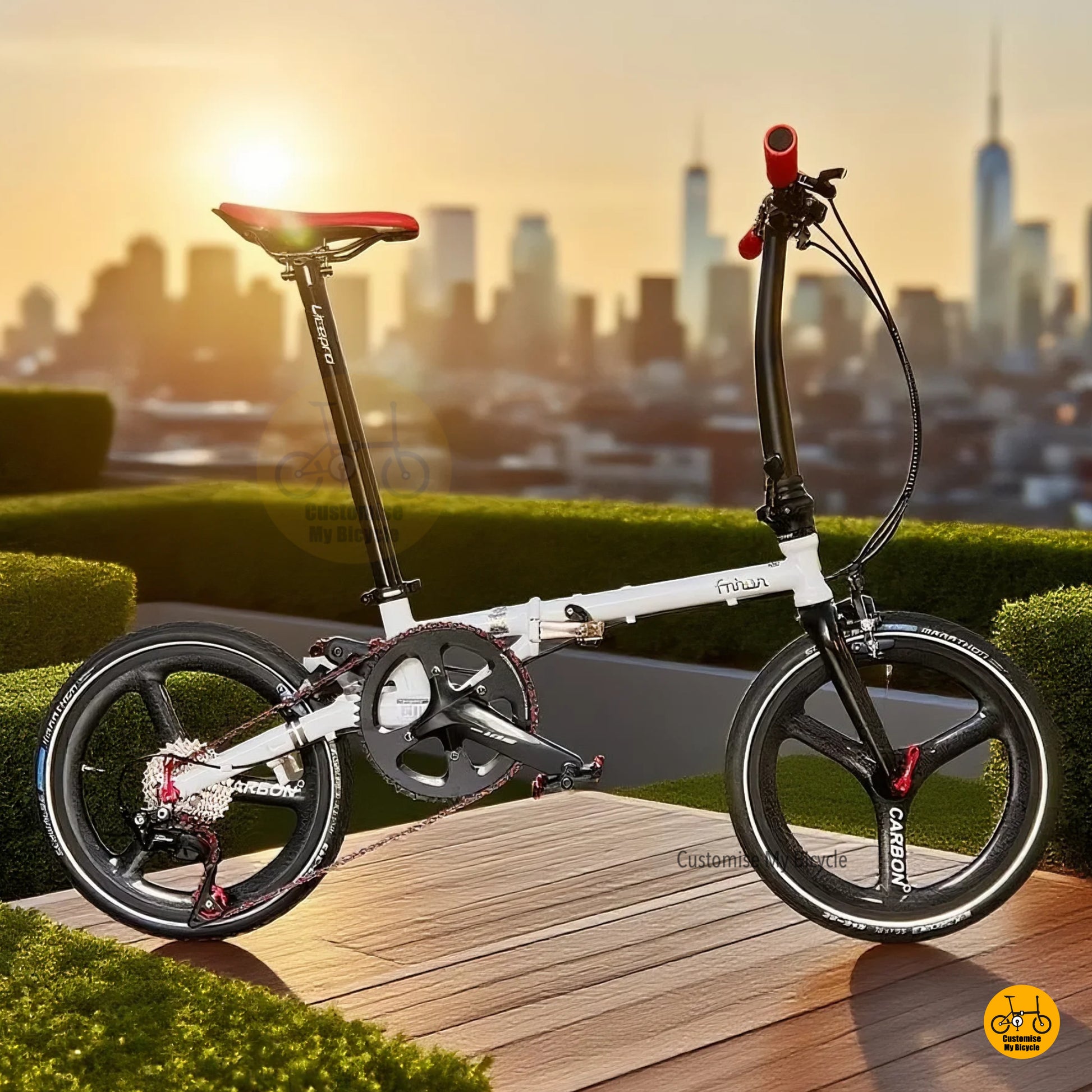A snow white colored Fnhon Gust folding bicycle with 349 carbon wheels and Shimano 11-speed components, displayed in front of a blurred background featuring a red tower.