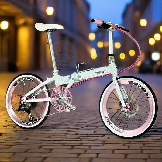 Fnhon Blast 22 inch Snow White Pink folding bike with Shimano 9s and Litepro wheels
