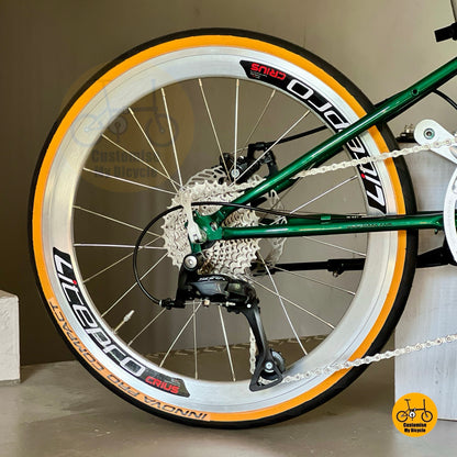 Fnhon Thunderstorm folding bike close up SHIMANO 9 gears drivetrain folding bicycle gear system
